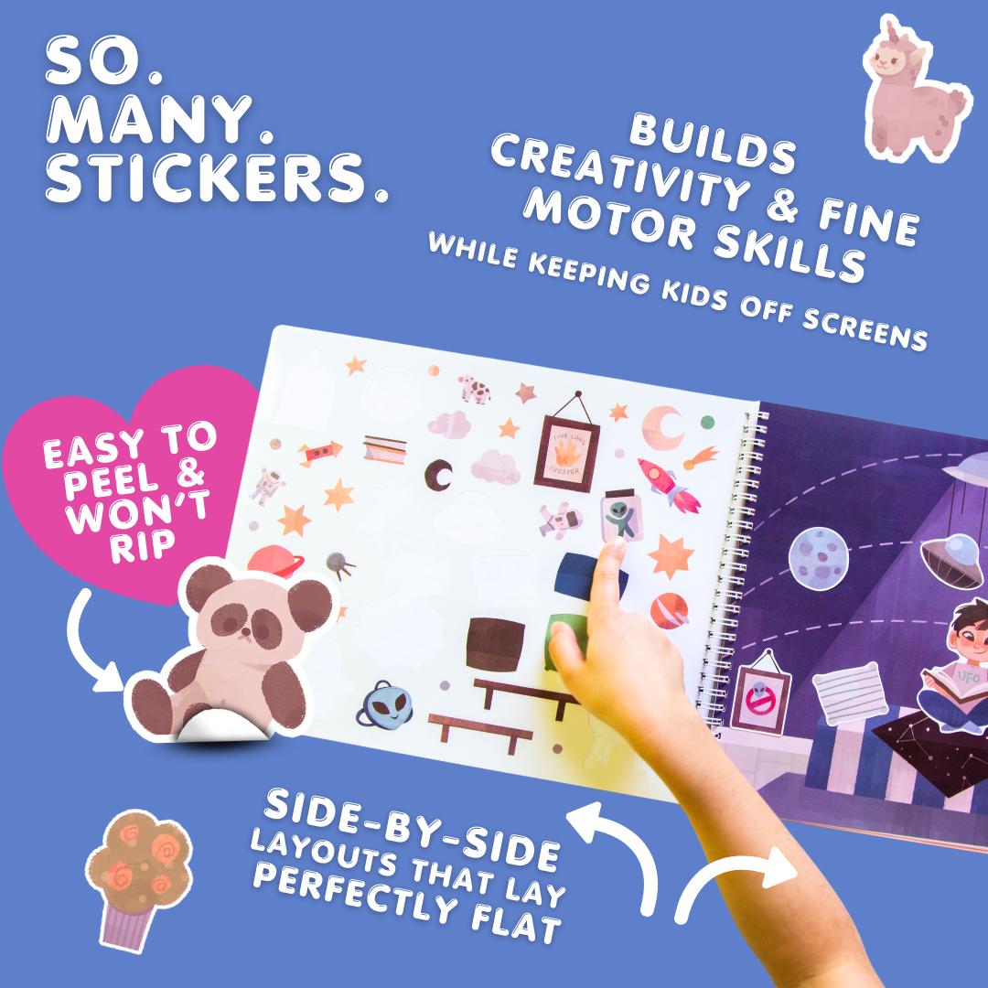 Sticker book with stickers and a hand holding it, on a blue background with text about the product.