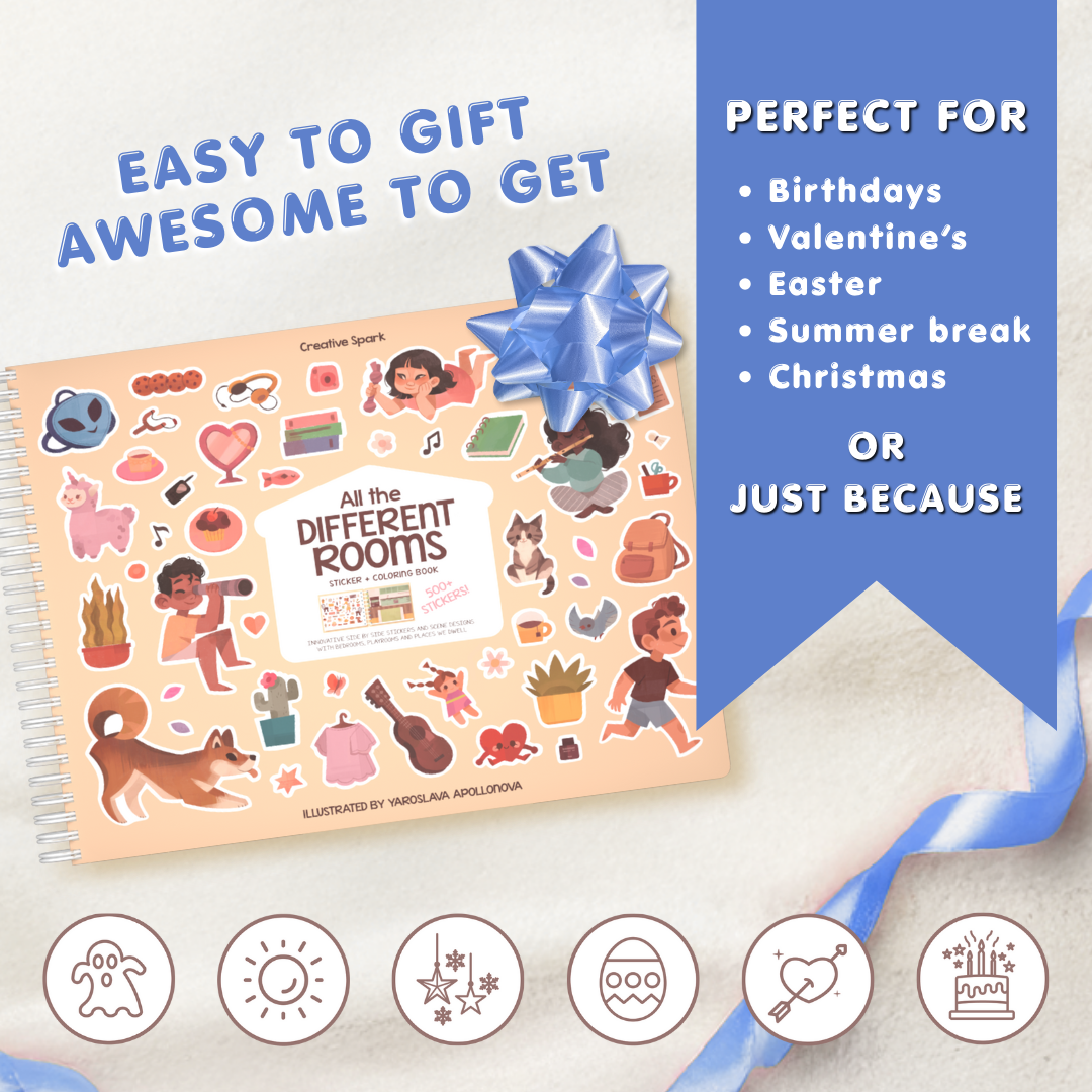 Children's book with stickers and a blue bow on a light background