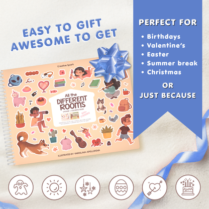 Children's book with stickers and a blue bow on a light background