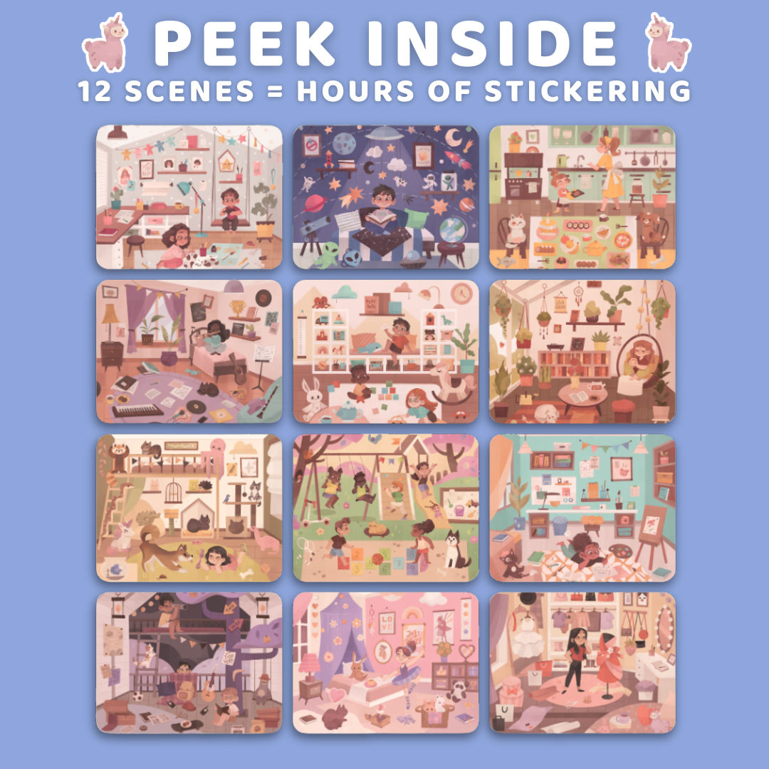 Illustrated sticker sheets with various scenes on a blue background, featuring text 'Peek Inside' and '12 Scenes = Hours of Sticking'.