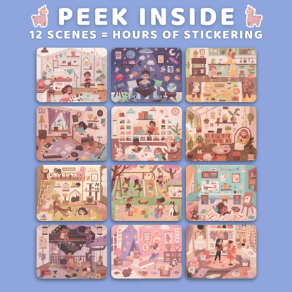 Illustrated sticker sheets with various scenes on a blue background, featuring text 'Peek Inside' and '12 Scenes = Hours of Sticking'.