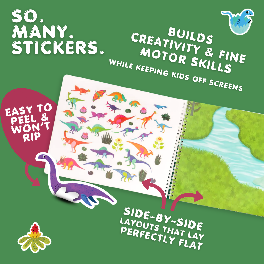 Sticker book with dinosaur designs on a green background, featuring text about stickers and benefits.
