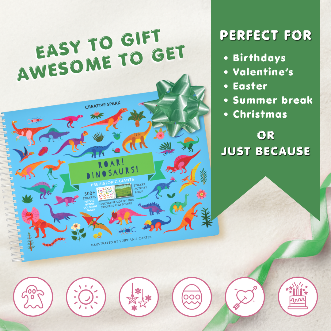 Children's activity book with dinosaur illustrations and a green bow on a white background