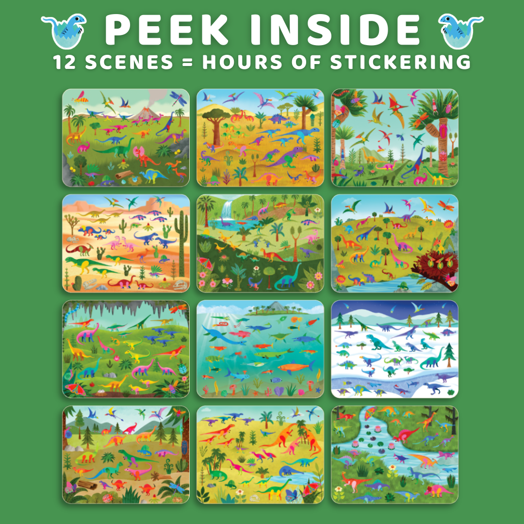 Cover of a sticker book with various dinosaur scenes on a green background