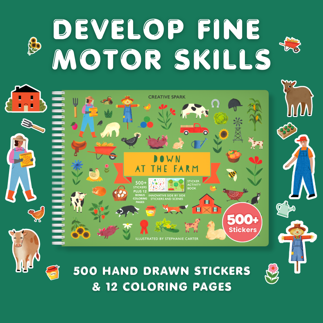 Children's activity book with stickers and coloring pages on a green background