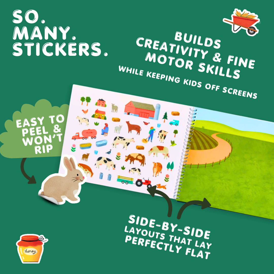 Sticker book with farm-themed stickers on a green background, featuring text about the product's benefits.