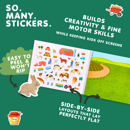 Sticker book with farm-themed stickers on a green background, featuring text about the product's benefits.