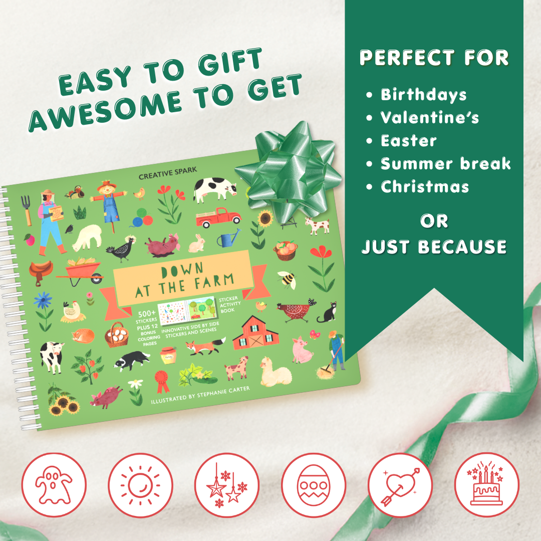 Children's book titled 'Down at the Farm' with a green ribbon on a white background