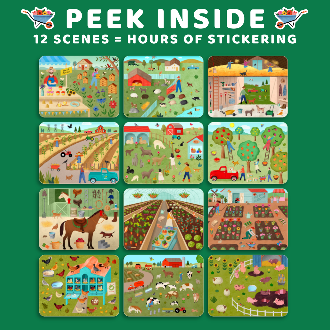 Illustrated farm scenes with text 'Peek Inside' and '12 Scenes = Hours of Sticking' on a green background.