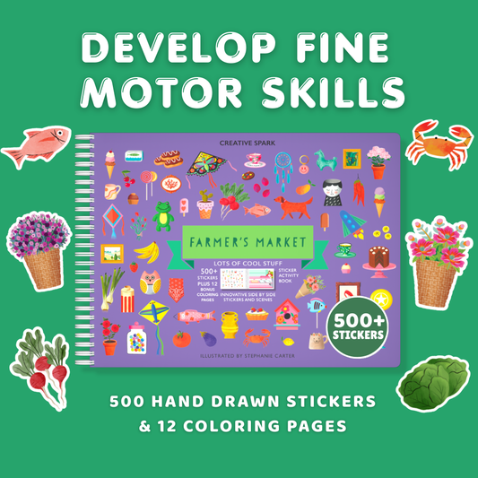 Children's activity book with stickers and coloring pages on a green background