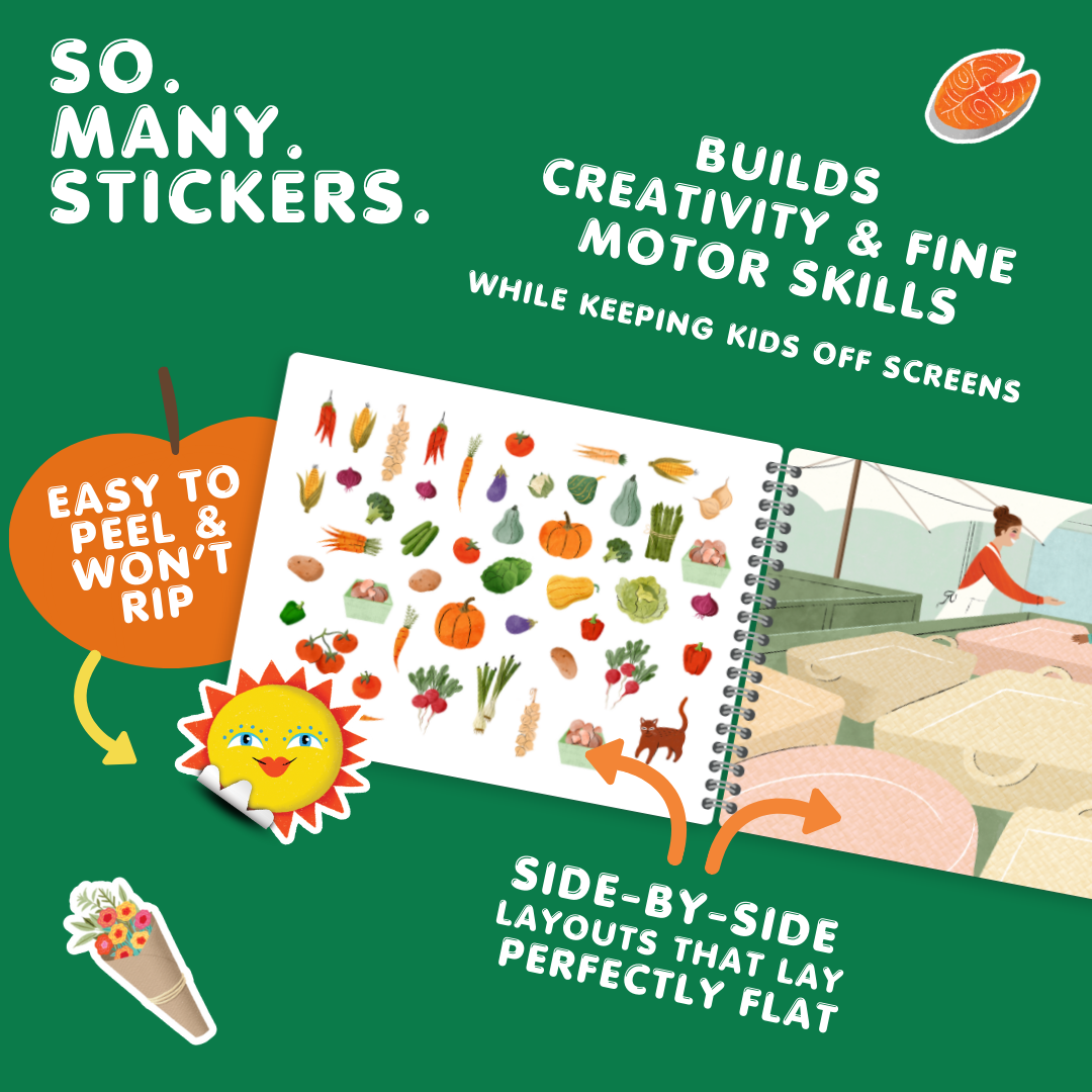 Children's activity book with stickers on a green background