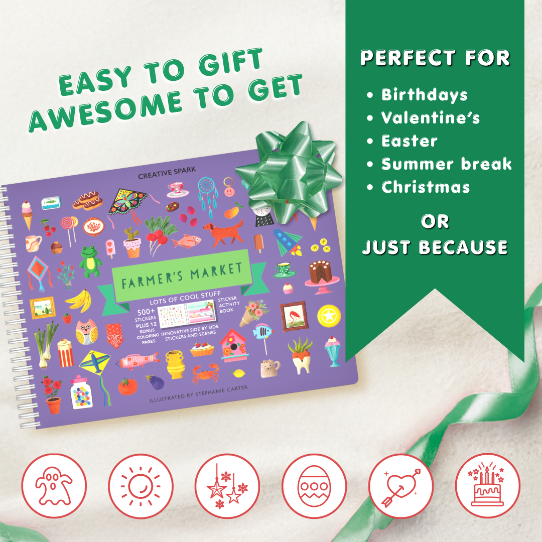 Colorful book with a green bow on a white background, promoting gift-giving opportunities.