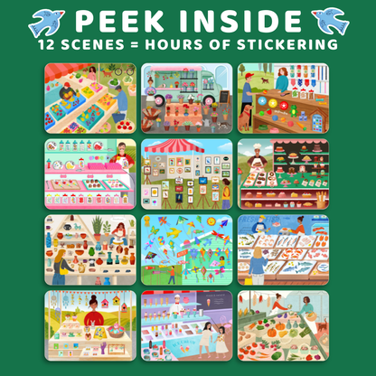 Illustrated scenes of daily life with text 'Peek Inside' and '12 Scenes = Hours of Sticking'.