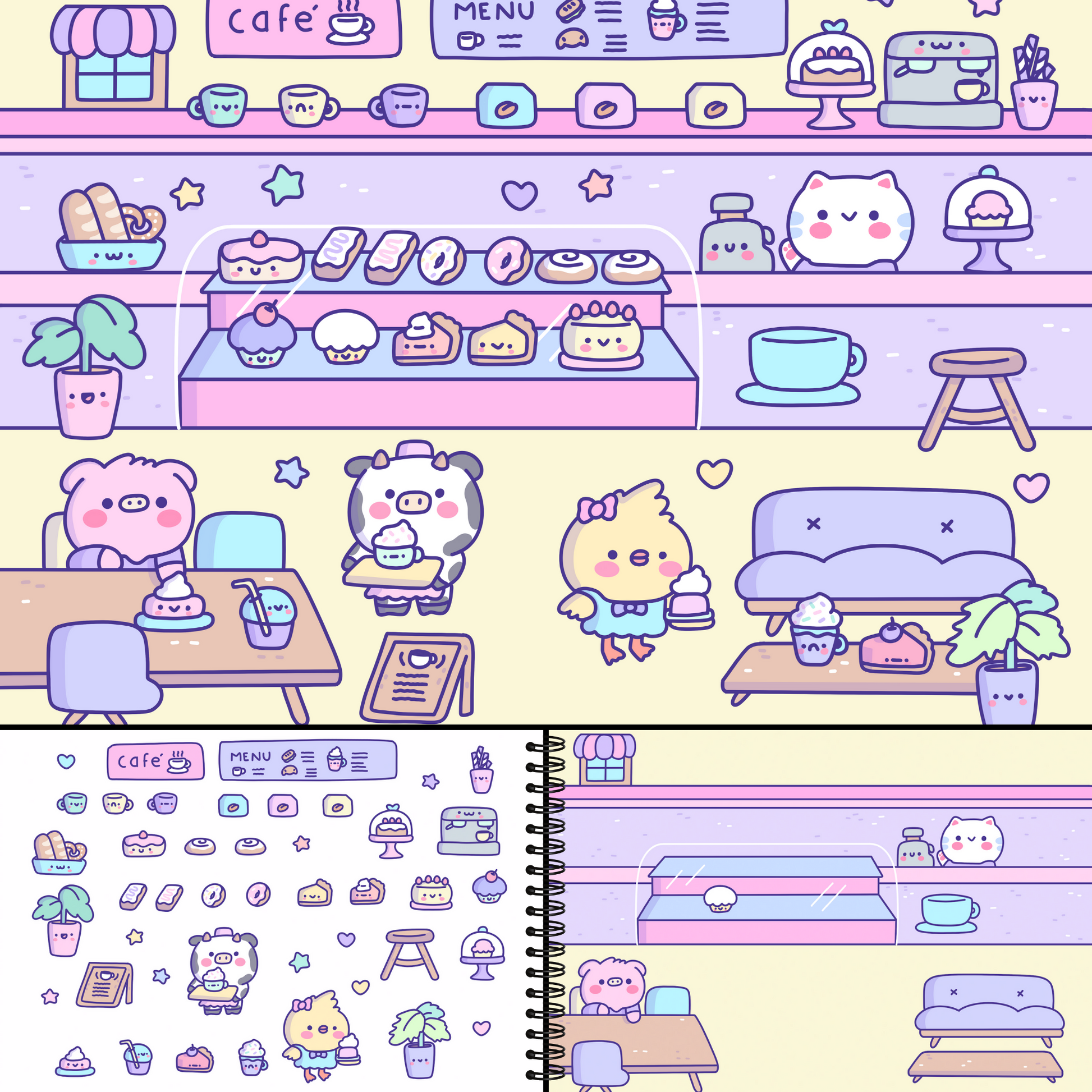 Cute Foods Around Town Activity Book by Cupkin: Lay Flat Side by Side  Sticker Books + Kawaii Coloring Books - Over 500 Cute Kawaii Stickers + 12