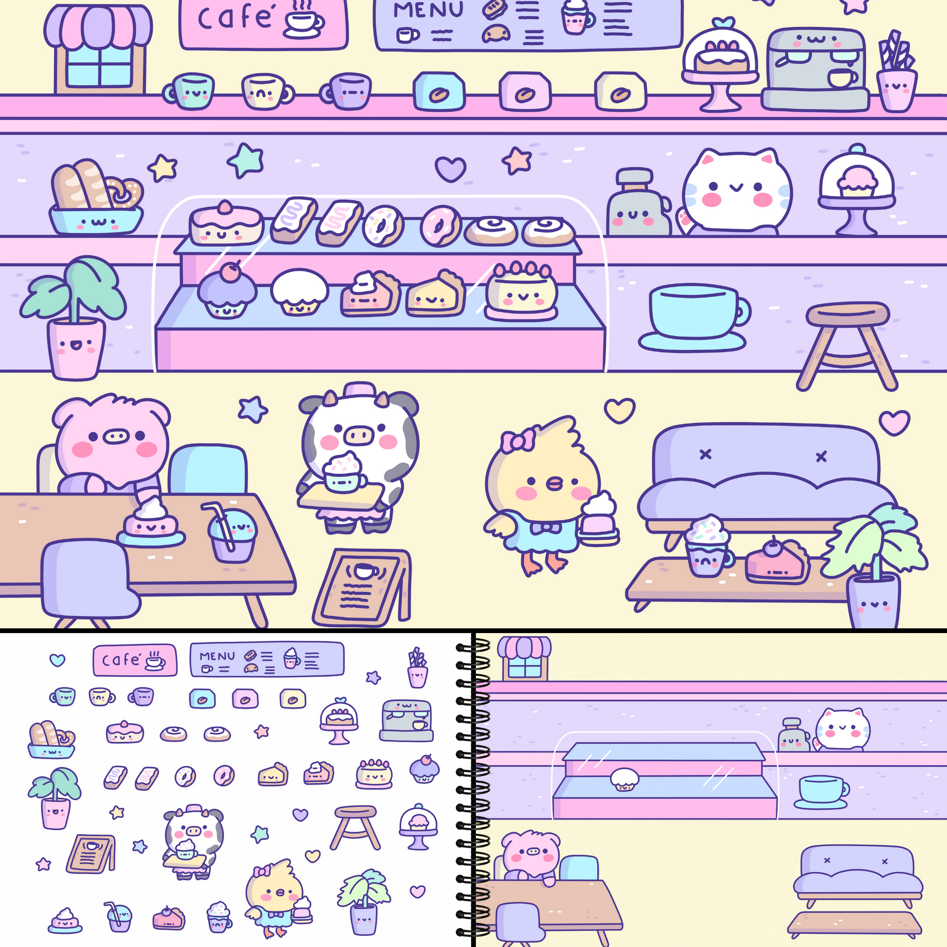 Cute Foods Around Town Activity Book Lay Flat Side by Side Kawaii Sticker  Books Coloring Pages 500 Cute Kawaii Stickers 12 Scenes for Kids 