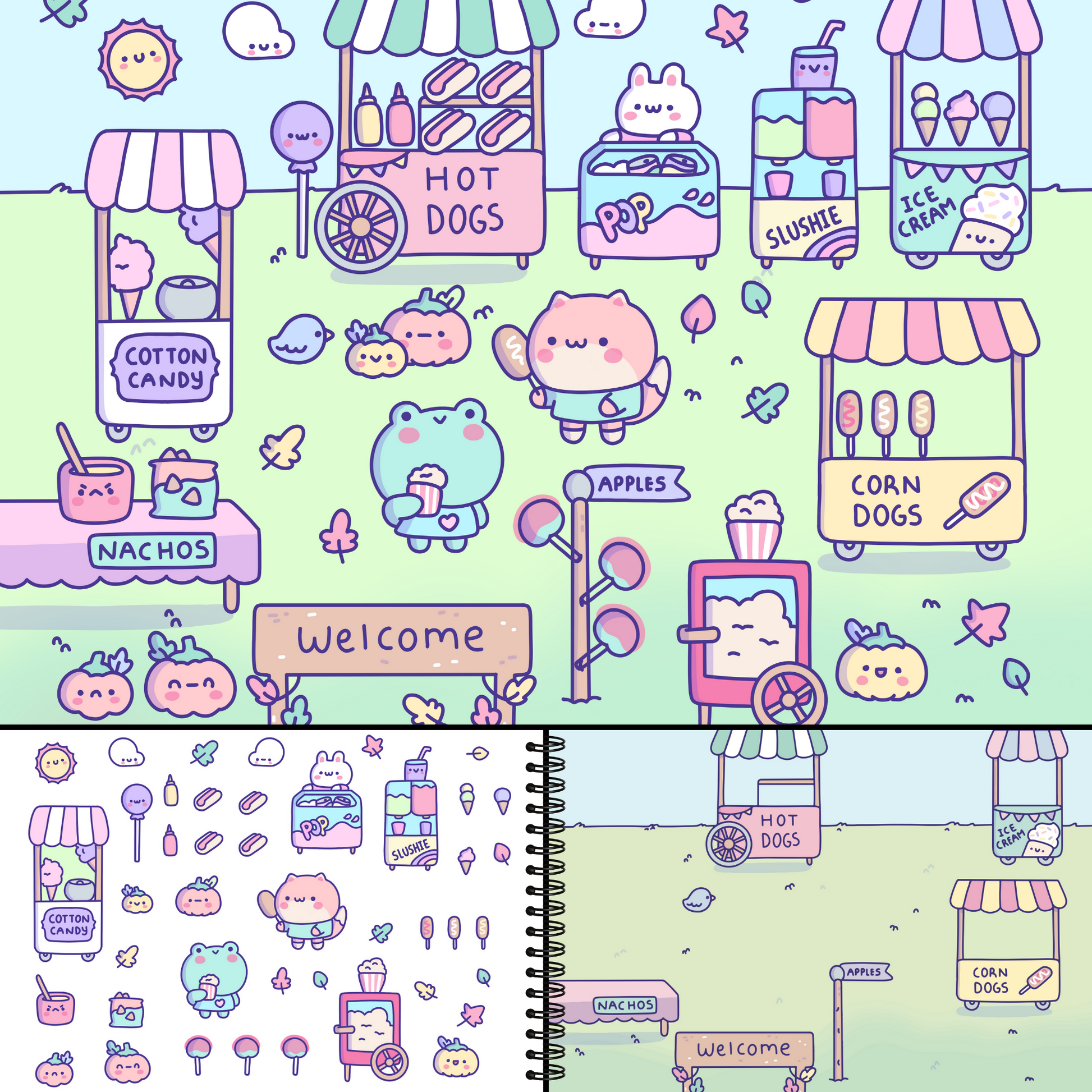 Cute Foods Around Town Activity Book Lay Flat Side by Side Kawaii Sticker  Books Coloring Pages 500 Cute Kawaii Stickers 12 Scenes for Kids 