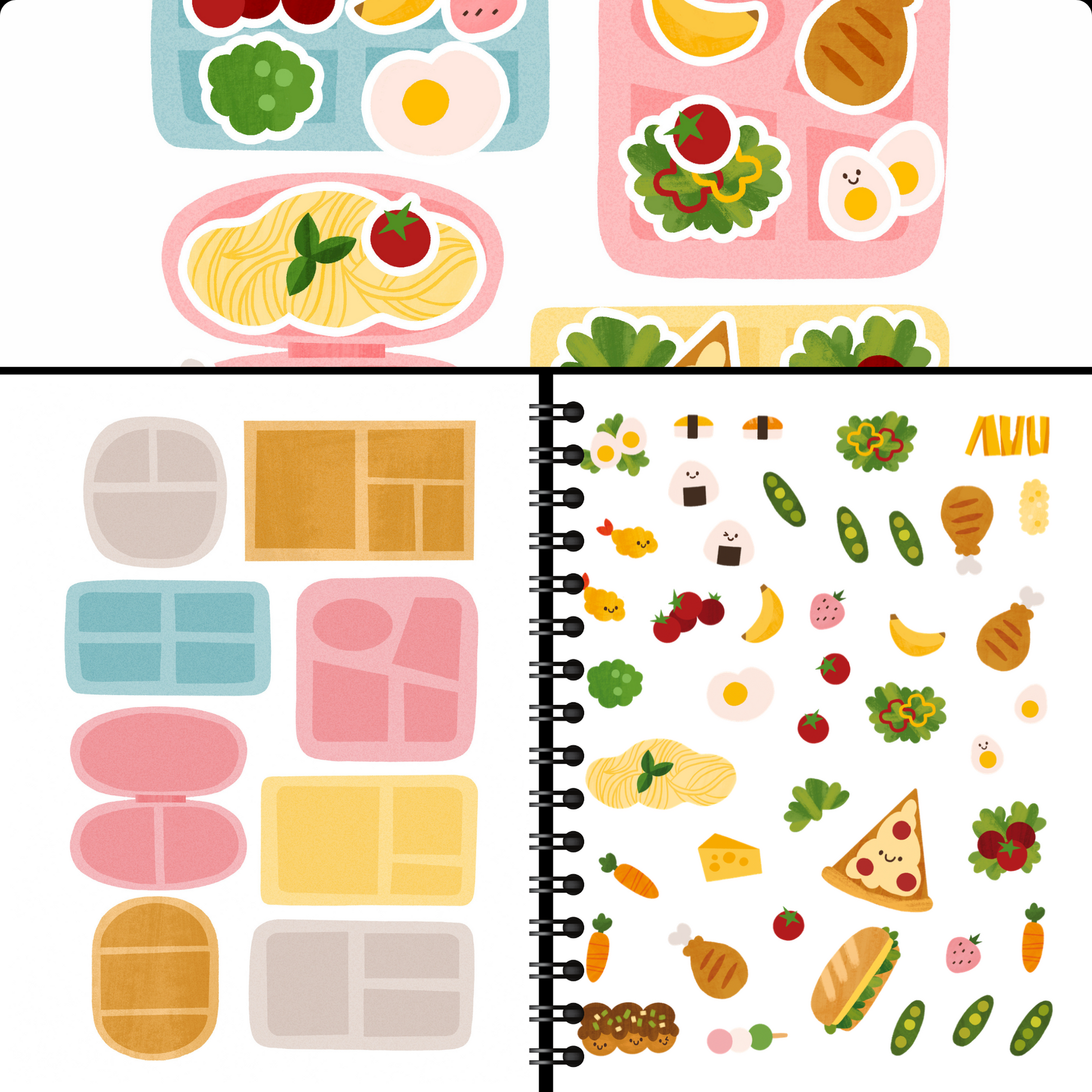 Cute Foods Around Town Activity Book Lay Flat Side by Side Kawaii Sticker  Books Coloring Pages 500 Cute Kawaii Stickers 12 Scenes for Kids 