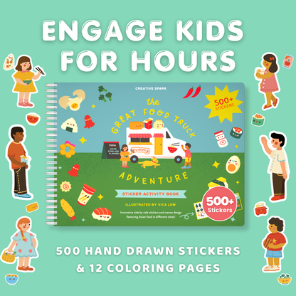 Sticker activity book cover with colorful illustrations and text on a teal background