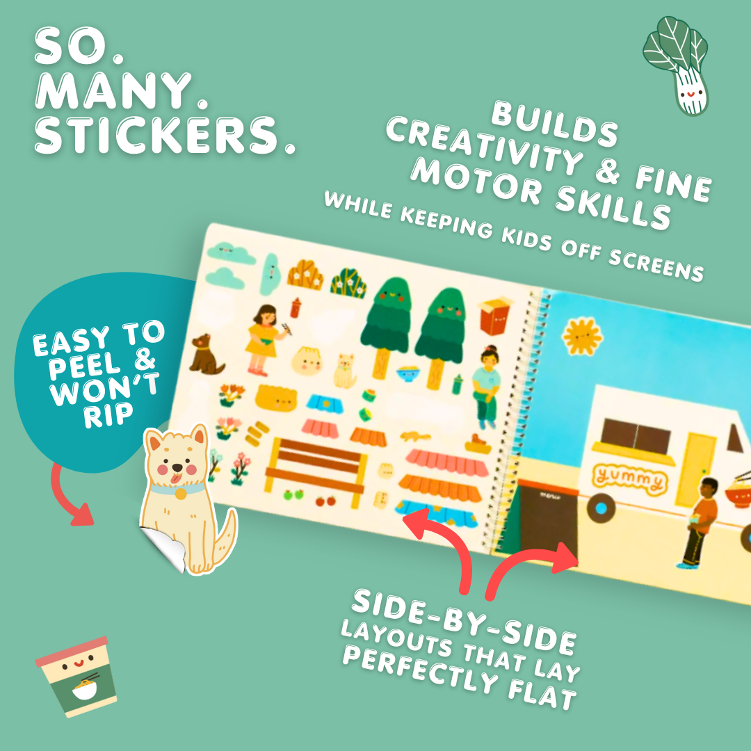 Sticker book with colorful illustrations on a green background, featuring text about stickers and their benefits.