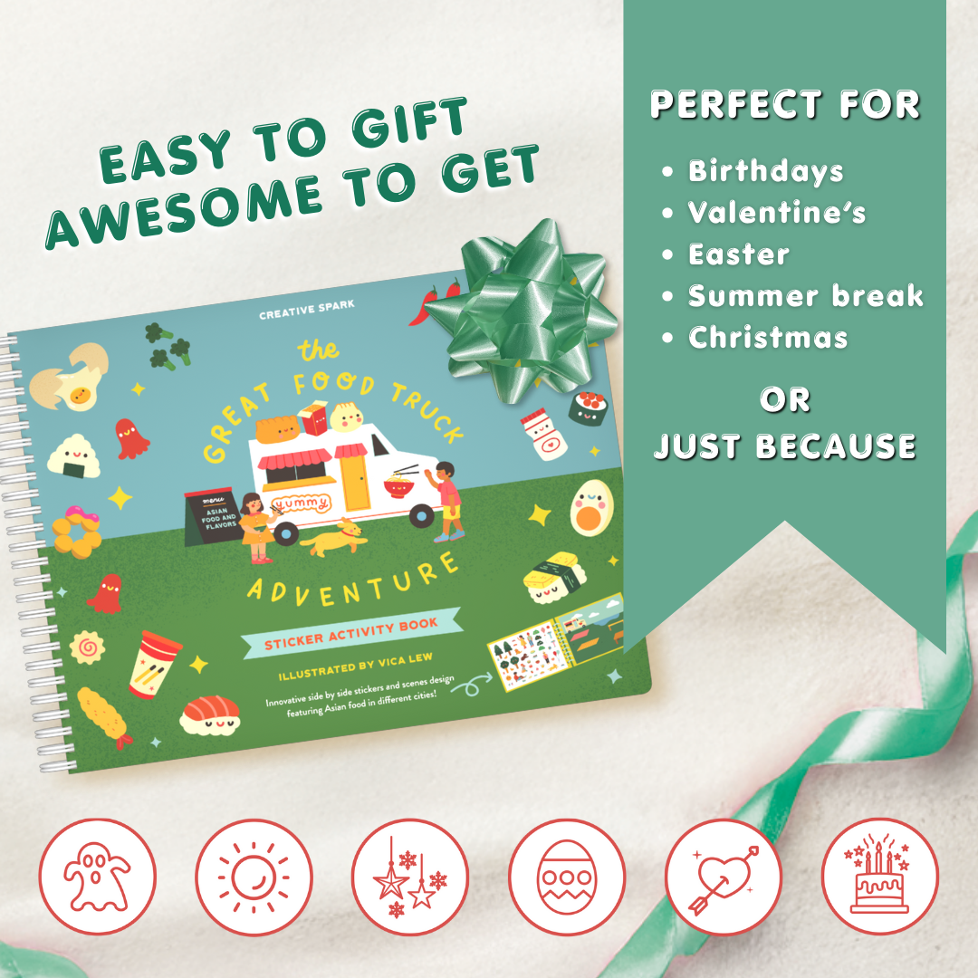 Sticker activity book with food truck design on a white background