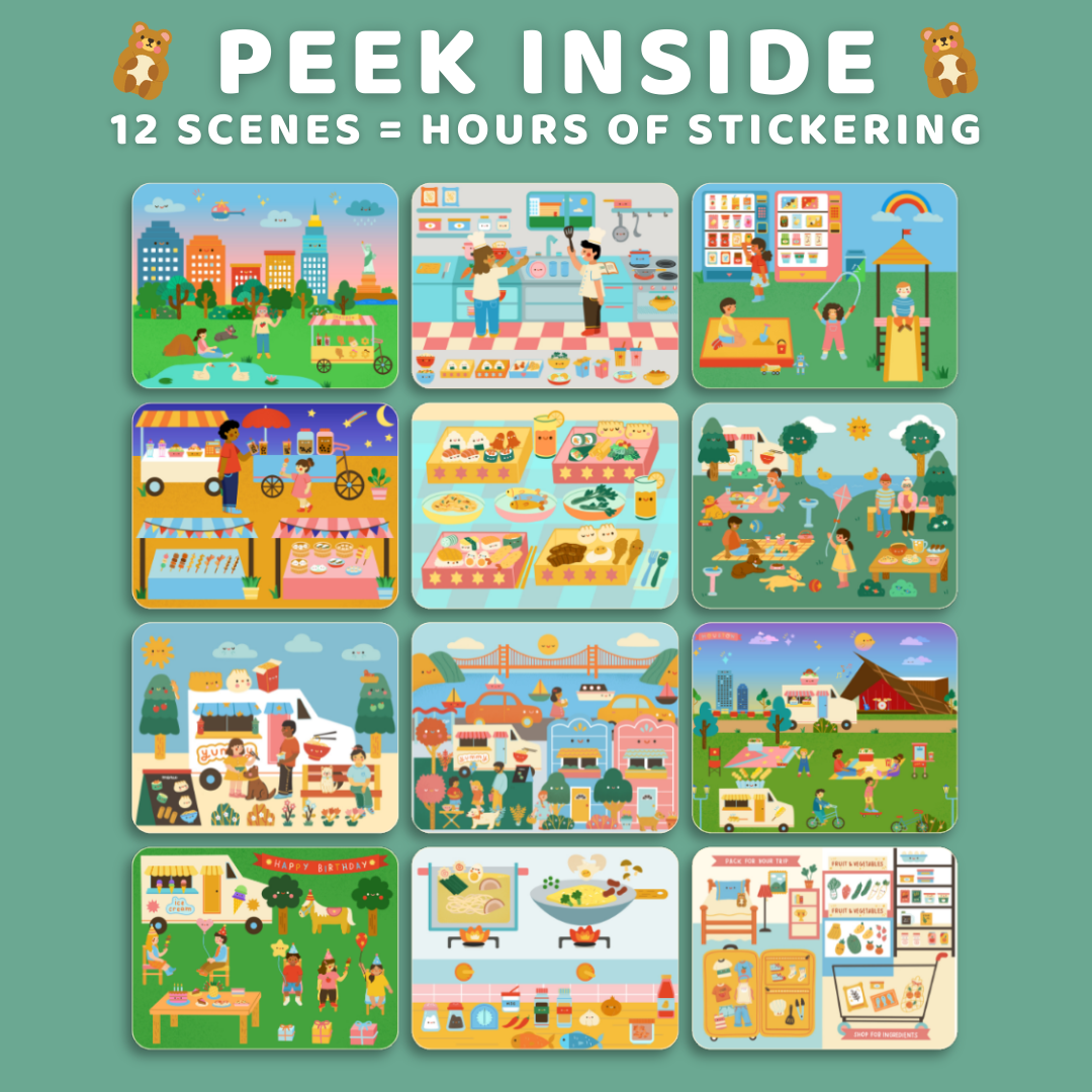 Cover of a sticker book with various scenes and 'Peek Inside' text on a green background