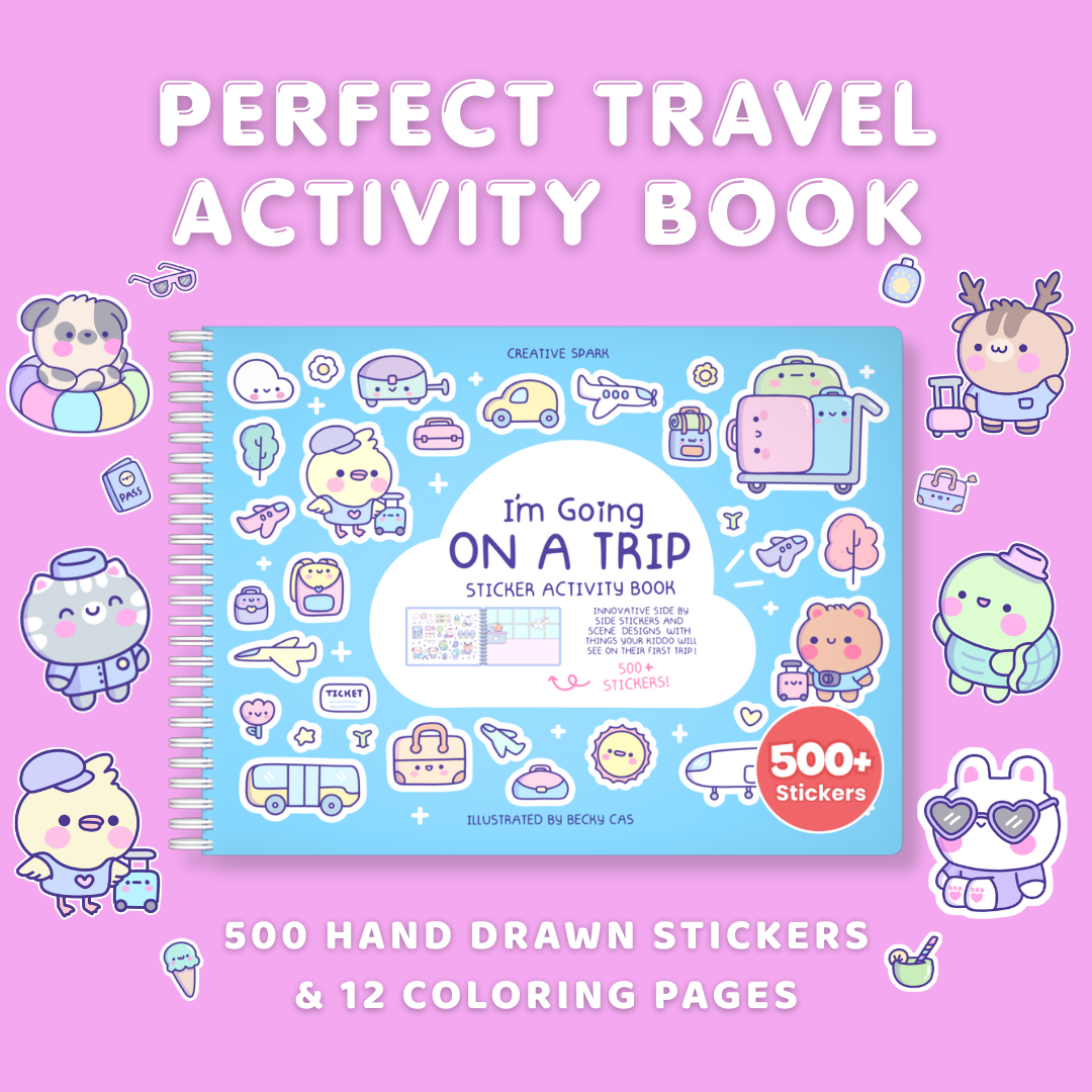 Travel activity book with stickers and coloring pages on a pink background