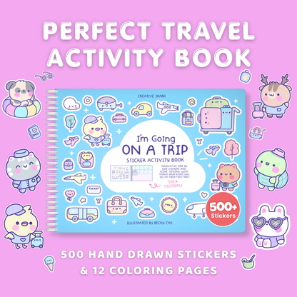 Travel activity book with stickers and coloring pages on a pink background