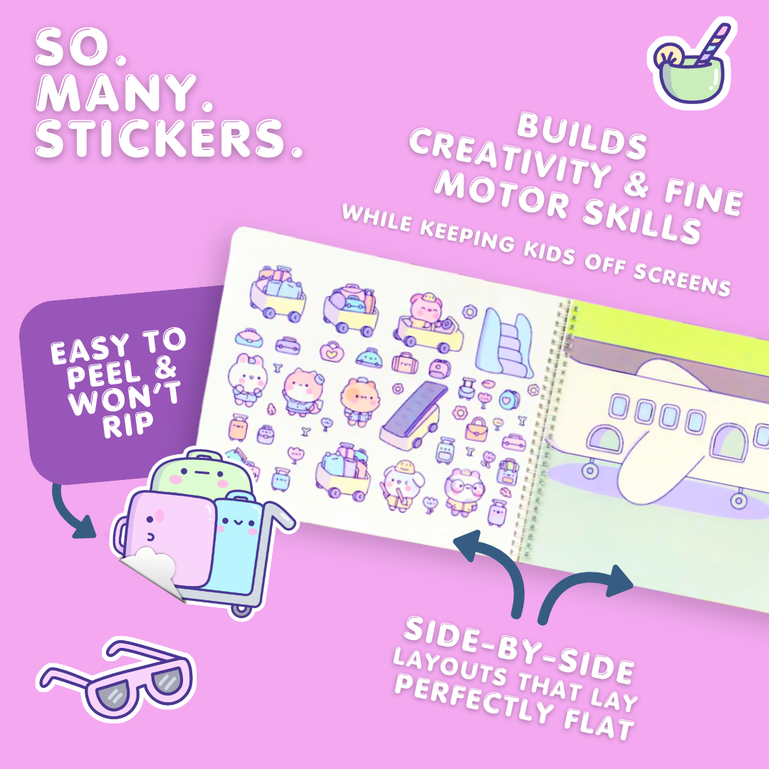 Sticker book with colorful stickers on a pink background, featuring text about the product's benefits.