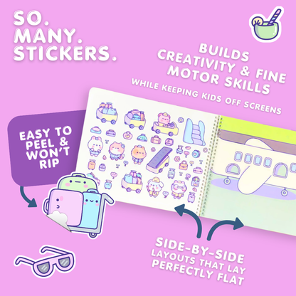 Sticker book with colorful stickers on a pink background, featuring text about the product's benefits.