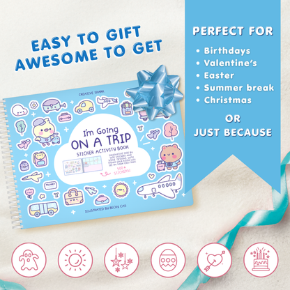 Sticker activity book with blue cover and decorative elements on a white background