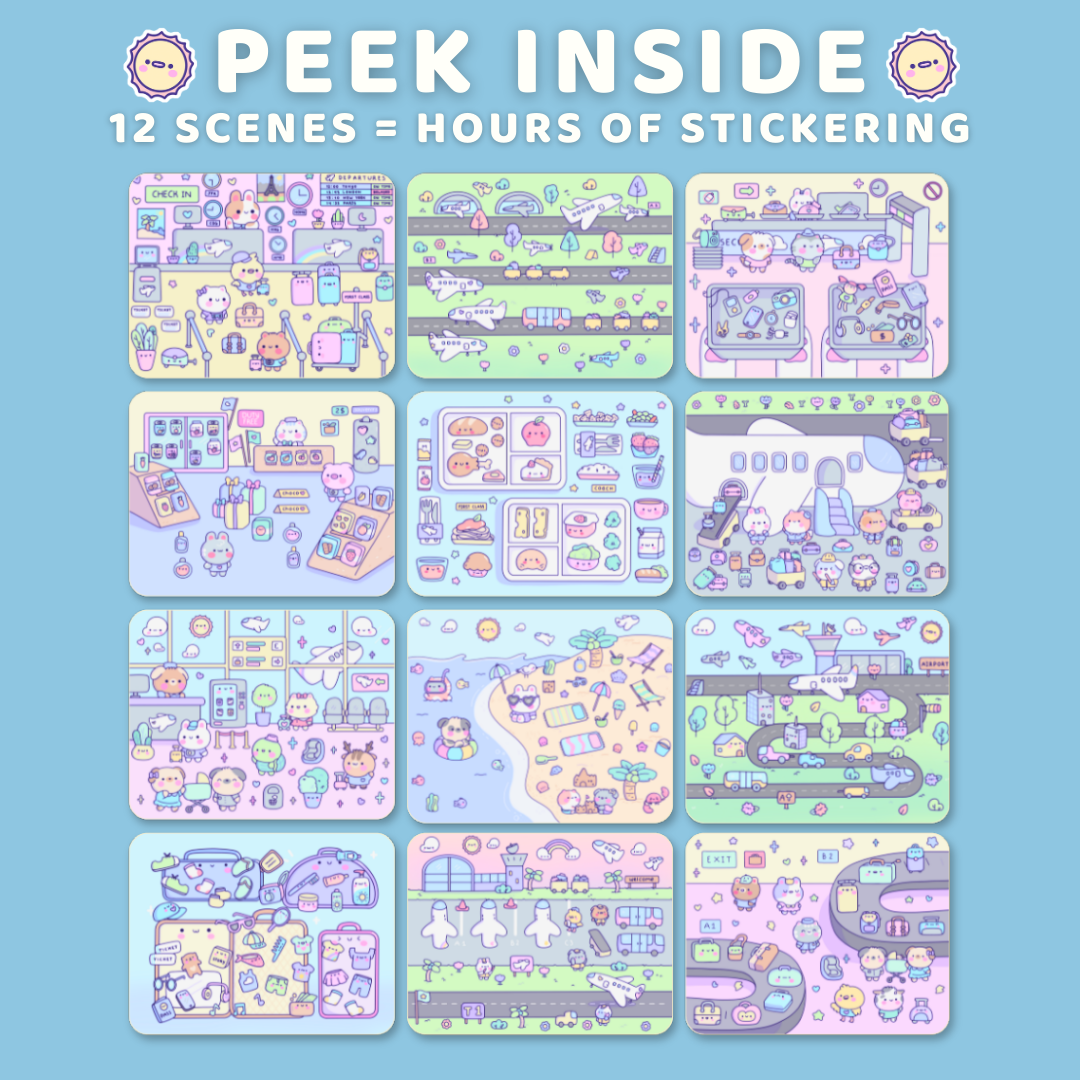 Sticker book cover with various scenes and 'Peek Inside' text on a blue background