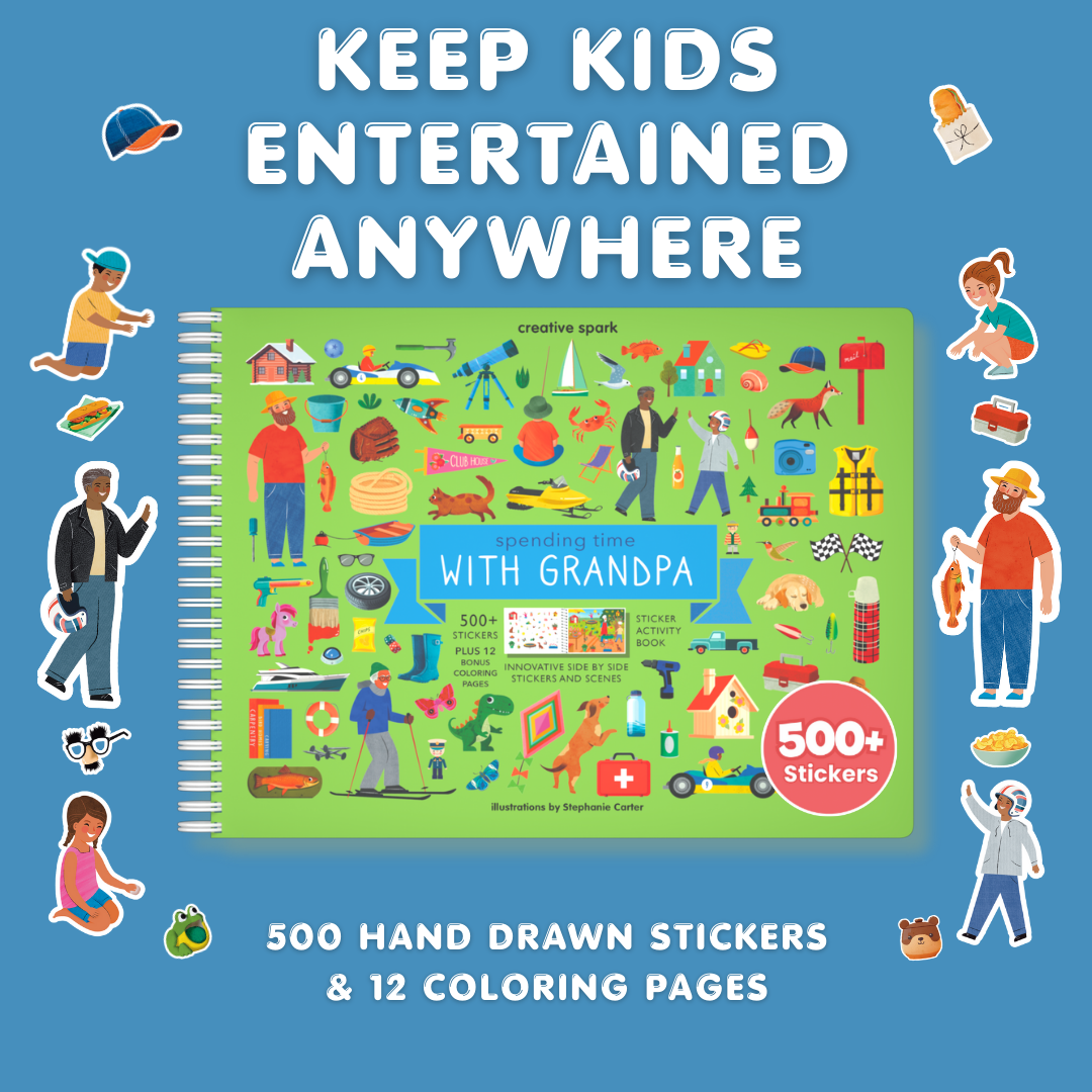 Children's activity book with stickers and coloring pages on a blue background
