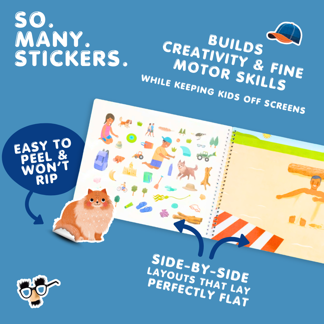 Children's activity book with stickers on a blue background, featuring text about the product's benefits.