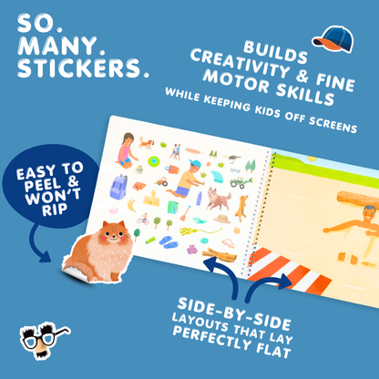 Children's activity book with stickers on a blue background, featuring text about the product's benefits.