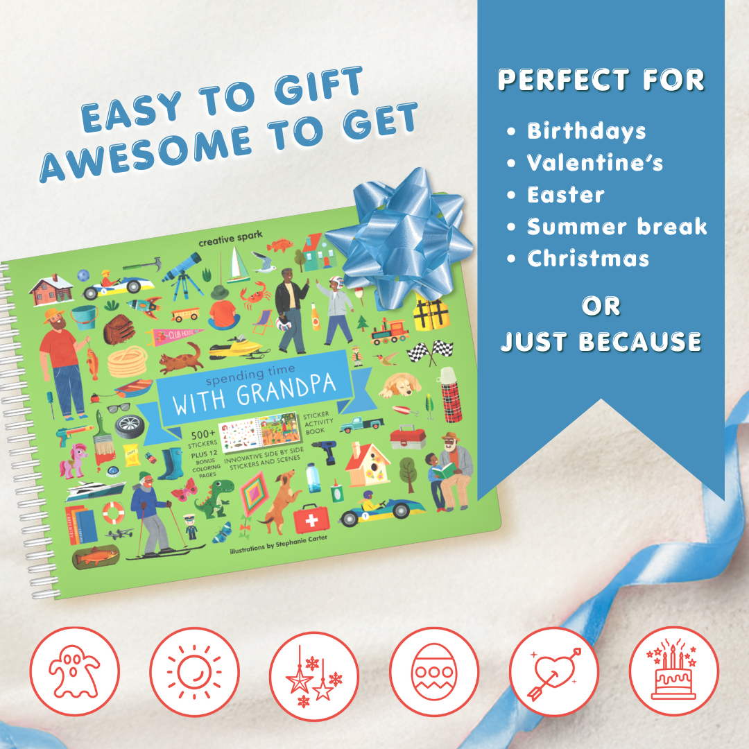 Book titled 'Everyday Fun with Grandpa' with a blue bow on a white background