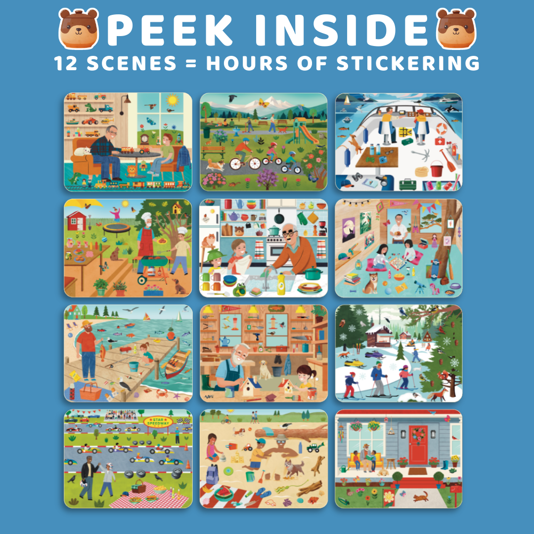 Sticker book cover with various scenes and text 'Peek Inside' on a blue background