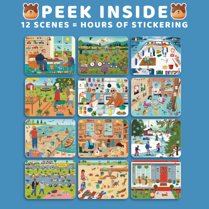 Sticker book cover with various scenes and text 'Peek Inside' on a blue background