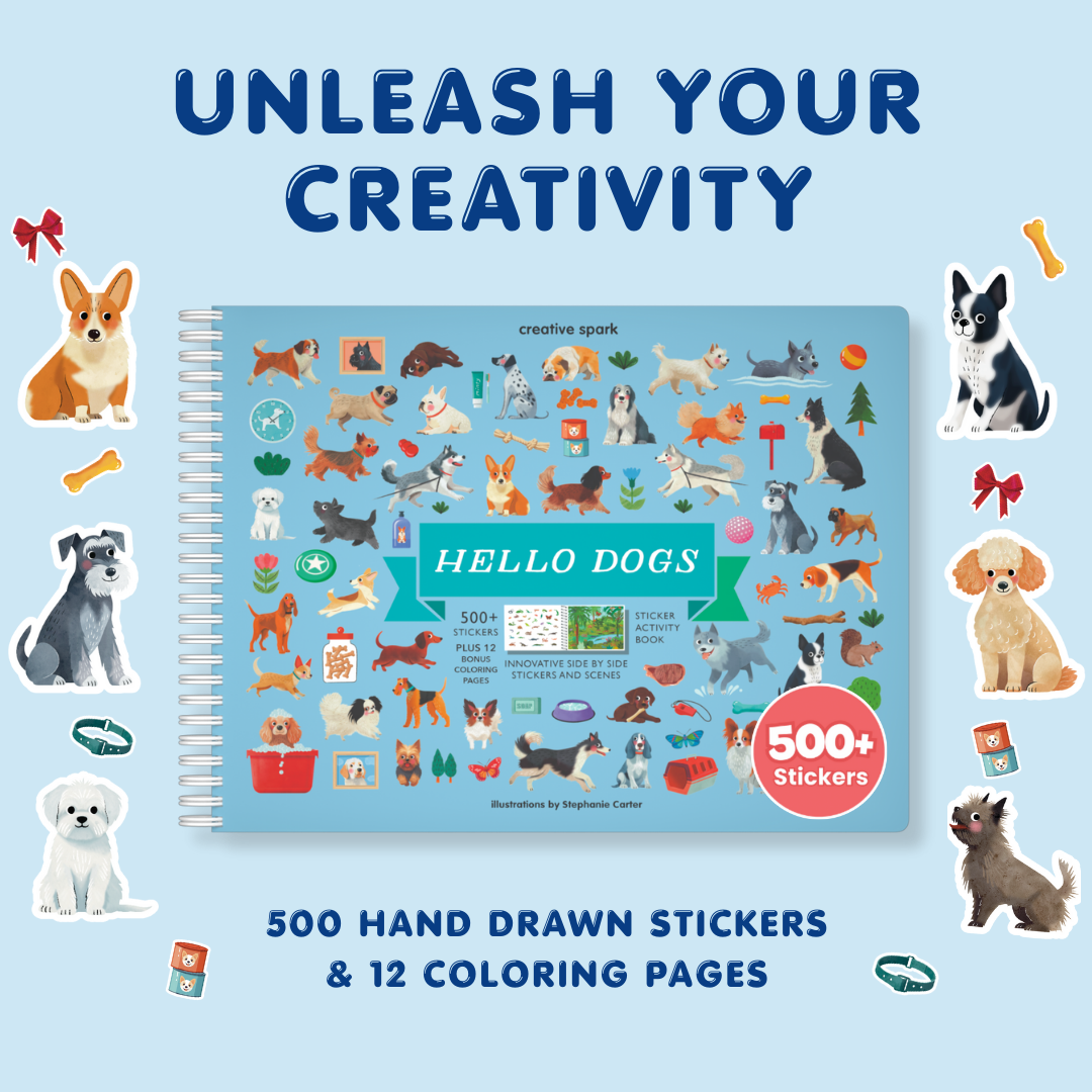 Sticker book cover with 'Hello Dogs' theme and 500 hand-drawn stickers on a light blue background.