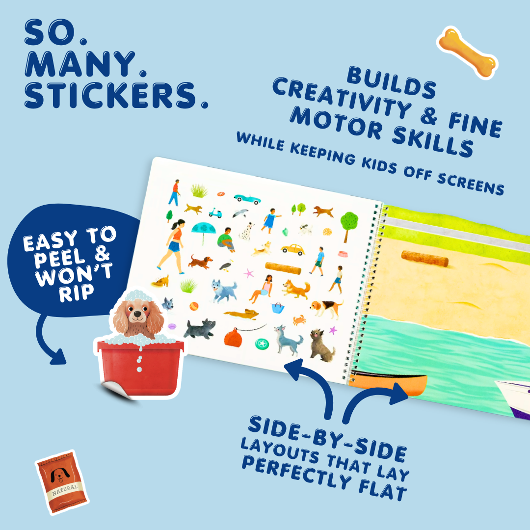 Children's activity book with stickers and text highlighting benefits on a blue background