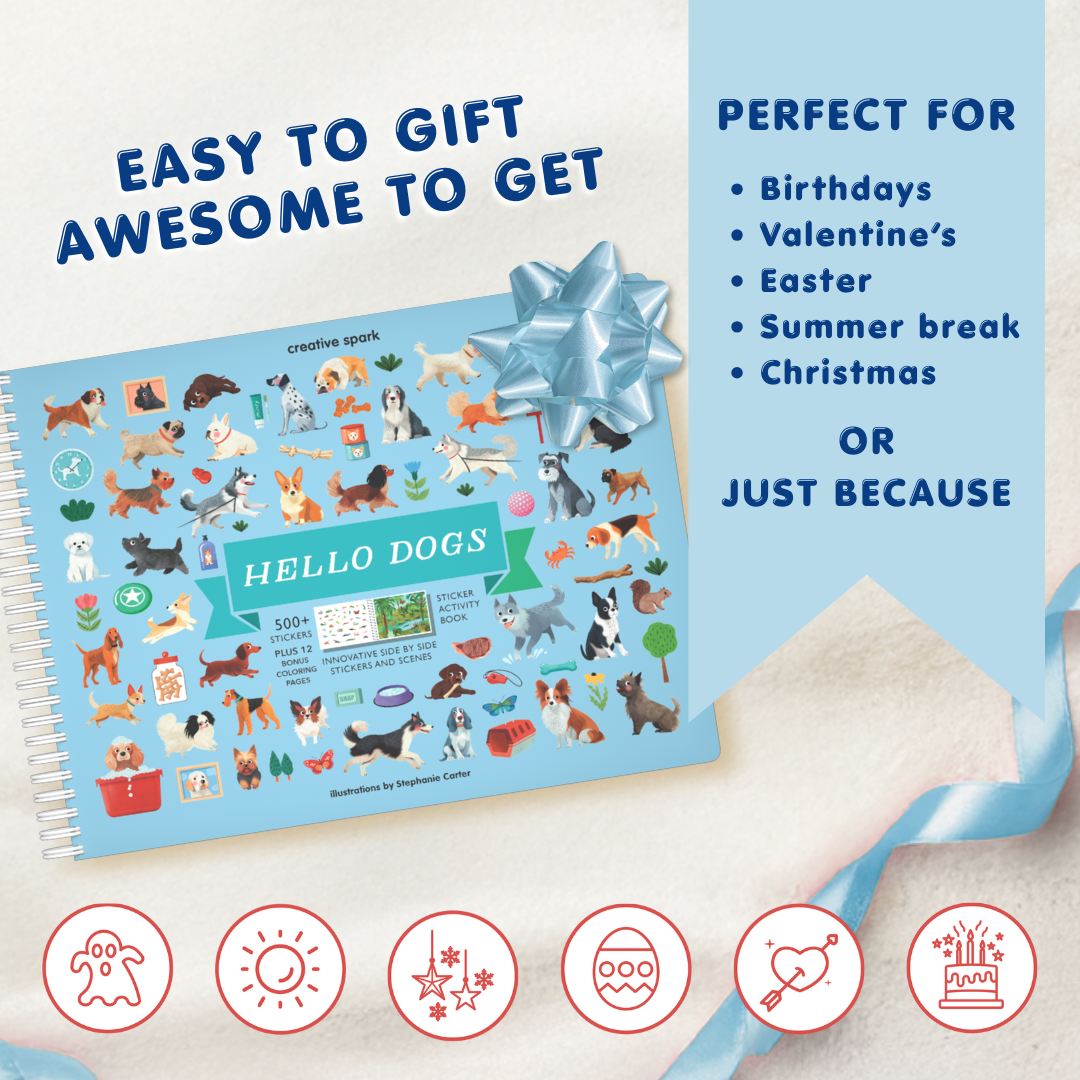 Sticker book titled 'Hello Dogs' with a blue ribbon on a white background