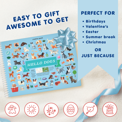 Sticker book titled 'Hello Dogs' with a blue ribbon on a white background