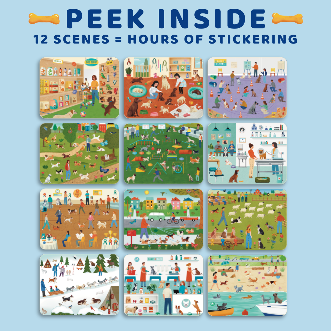 Set of 12 illustrated scenes with people and dogs on a blue background, promoting hours of stickering.