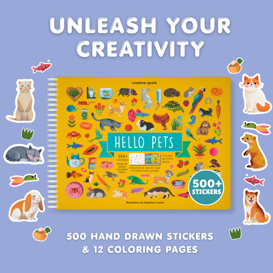 Sticker book titled 'Hello Pets' with colorful stickers on a blue background
