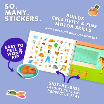 Children's activity book with stickers on a blue background, highlighting features like 'so many stickers', 'creativity & fine motor skills', and 'easy to peel & won't rip'.