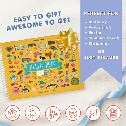 Sticker book titled 'Hello Pets' with a gold bow on a white background