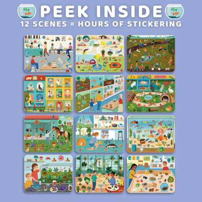 Cover of a sticker book with various scenes and 'Peek Inside' text on a blue background