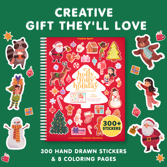 Holiday-themed coloring book with stickers on a green background