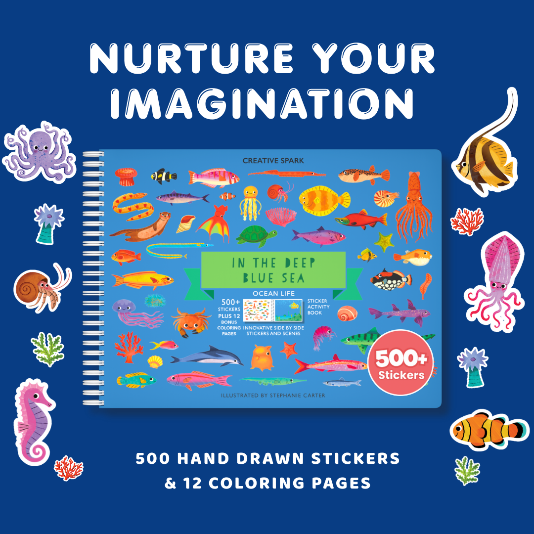 Children's activity book with stickers and coloring pages on a blue background