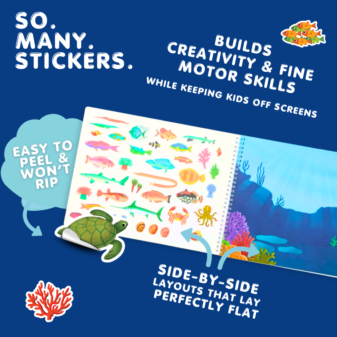 Sticker book with underwater theme on a blue background, featuring text about stickers and benefits.
