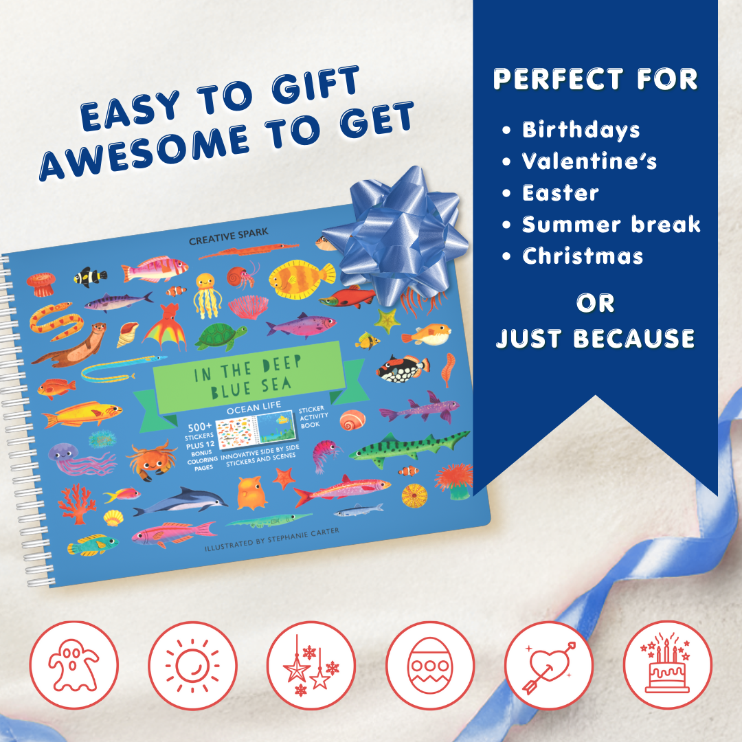 Colorful book with ocean-themed illustrations and a blue ribbon on a white background